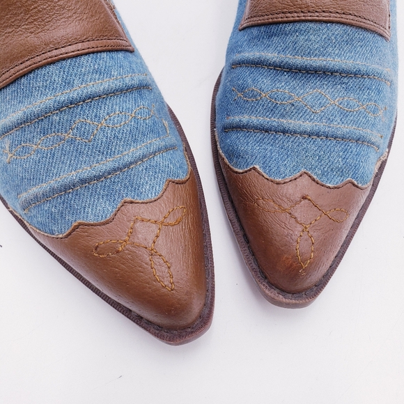 Vintage 90s y2k Leather /Denim Boho Western Cowgirl Heeled Low Heel Bootie 7 - Picture 7 of 11